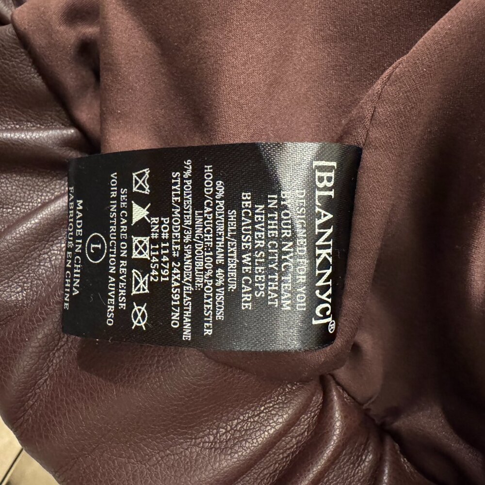 BLANKNYC Burgundy Gray Faux Leather Bomber Jacket w/Removable Hood Size Large - Picture 9 of 9